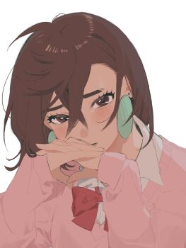 1girl ayase_momo blush bow bowtie brown_eyes brown_hair collared_shirt commentary crossed_bangs dandadan earrings eyelashes hair_between_eyes highres j8s9x60873 jewelry kami_high_school_uniform long_sleeves looking_at_viewer medium_hair own_hands_clasped own_hands_together parted_lips pink_sweater red_bow red_bowtie school_uniform shirt shirt_under_sweater sleeves_past_wrists solo sweater upper_body white_background white_shirt
