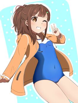 1girl blue_one-piece_swimsuit breasts brown_eyes brown_hair brown_jacket commentary_request covered_navel funagami_mokyuu grin high_school_fleet highres hood hooded_jacket irizaki_mei jacket one-piece_swimsuit one_eye_closed open_clothes open_jacket ponytail small_breasts smile solo swimsuit swimsuit_under_clothes v yokosuka_girls_marine_high_school_swimsuit