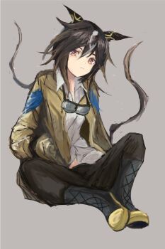 Rule 34 | 1girl, animal ears, asymmetrical shirt, black boots, black gloves, black hair, black pants, boots, brown eyes, brown hair, closed mouth, coat, commentary request, ear covers, frown, full body, gloves, goggles, goggles around neck, hair between eyes, hands in pockets, horse ears, horse girl, horse tail, long hair, looking at viewer, multicolored hair, pants, shirt, simple background, solo, stay gold (sunlit outsider) (umamusume), stay gold (umamusume), tail, umamusume, white hair, white shirt, wrist belt, yanagi wakana, yellow coat