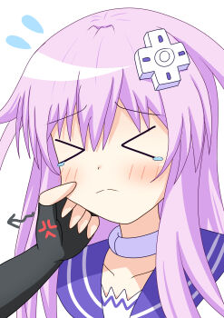 absurdres annoyed cheeks choker collar frown fustrated gloves hair_ornament hairclip highres long_hair nepgear neptune_(series) nervous panic pulling purple_hair sad shirt swirl_gear tears tsundere tugging uni_(neptunia)