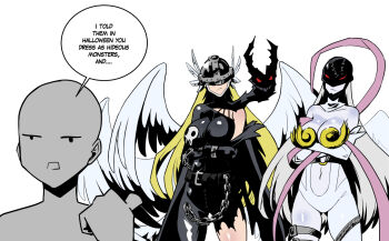 1other 2girls :/ angel_wings angewomon angewomon_(cosplay) arms_under_breasts bald bodysuit breasts chain closed_mouth colored_sclera commentary cosplay costume_switch crossed_arms detached_collar digimon digimon_(creature) english_commentary english_text grey_skirt helmet kukuruyo ladydevimon ladydevimon_(cosplay) legs_apart long_hair mask multiple_girls multiple_wings paid_reward_available pointing pointing_at_another red_sclera side-by-side simple_background skirt standing torn_clothes very_long_hair wings
