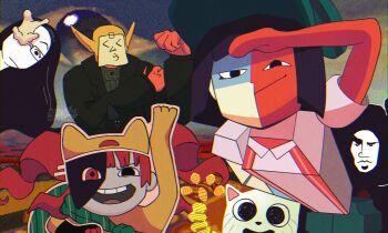 Rule 34 | 3boys, 3girls, animal hat, bald, black eyes, black hair, blunt bangs, blunt ends, bob cut, cat hat, chromatic aberration, coin, colored skin, coral glasses, dratula (ena), ena: dream bbq, ena (dream bbq), ena (series), ena (species), floating head, froggy (ena), frown, green hat, hat, highres, hub (ena), in-universe location, kane (ena), long hair, looking at viewer, low poly, mask, mimiriiu, multicolored skin, multiple boys, multiple girls, official style, open mouth, pointy ears, red skin, salesperson ena, shirt, short sleeves, smile, split-color skin, taski maiden (ena), two-tone skin, vampire