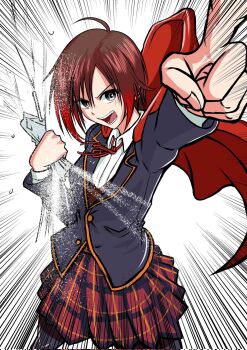 Rule 34 | 1girl, black hair, blazer, cape, commentary, crushing, english commentary, gradient hair, grey eyes, highres, jacket, kumanosigenium1, milk, multicolored hair, neck ribbon, open mouth, pointing, red cape, red hair, ribbon, ruby rose, rwby, school uniform, short hair, solo