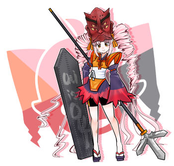 Rule 34 | 1girl, absurdres, atsueco124, bare shoulders, black dress, black shorts, closed mouth, commentary, detached sleeves, dress, drill hair, drop shadow, geta, hair ribbon, halberd, highres, holding, holding weapon, jacket, japanese clothes, kimono, kimono dress, long hair, long sleeves, mask, mask on head, onikko hunter tsuina-chan, orange eyes, orange jacket, orange ribbon, orange shorts, pink hair, polearm, purple kimono, purple sandals, purple sleeves, red dress, red mask, red rope, red sleeves, red trim, ribbon, ribbon-trimmed sleeves, ribbon trim, rivets, rope, sandals, sash, shield, shimenawa, shorts, sleeveless, sleeveless dress, smile, solo, tasuki, tengu-geta, tsuina-chan, twin drills, two-tone shorts, two-tone sleeves, very long hair, voiceroid, weapon, white sash, wide sleeves