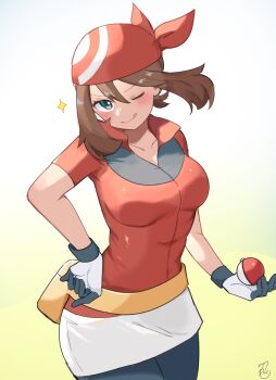 1girl ;p bandana black_gloves black_shorts blue_eyes blush breasts brown_hair commentary fanny_pack gloves hair_between_eyes highres holding holding_poke_ball large_breasts looking_at_viewer may_(pokemon) multicolored_gloves nintendo one_eye_closed poke_ball poke_ball_(basic) pokemon pokemon_rse red_bandana red_shirt ririmon shirt short_hair short_sleeves shorts simple_background smile solo tongue tongue_out two-tone_gloves white_gloves