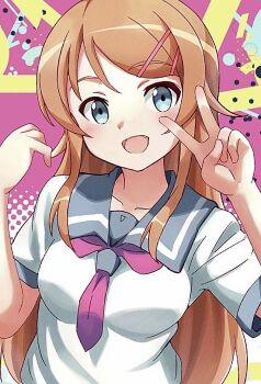 1girl :d blonde_hair blue_eyes blush breasts collarbone commentary_request hair_ornament hairclip kousaka_kirino kousaka_kirino&#039;s_school_uniform long_hair medium_breasts neckerchief notus_23 open_mouth orange_hair ore_no_imouto_ga_konna_ni_kawaii_wake_ga_nai pink_neckerchief school_uniform smile solo summer_uniform tongue upper_body v