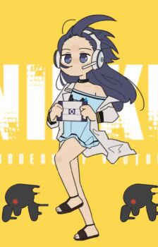 1girl 2others animated animated_gif black_choker black_footwear black_hair blue_shirt choker copyright_name exia_(nikke) game_controller_print gloomyowl goddess_of_victory:_nikke handheld_game_console holding holding_handheld_game_console jacket kyoufuu_all_back_(vocaloid) long_hair multiple_others off_shoulder open_clothes open_jacket parody purple_eyes rapture_(nikke) sandals shirt ugoira white_jacket