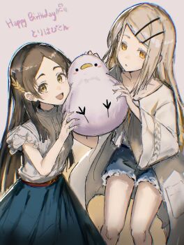 2girls animal belt bird blonde_hair blouse blue_shorts blue_skirt brown_eyes colored_eyelashes denim denim_shorts dewky feet_out_of_frame gakuen_idolmaster gift_art grey_background grey_robe hair_ornament hairclip hands_up happy_birthday holding holding_animal holding_bird idolmaster kuramoto_china laurels leaf_hair_ornament long_hair long_skirt long_sleeves looking_at_viewer multiple_girls open_clothes open_mouth open_robe orange_eyes parallel_hairclips parted_bangs parted_lips robe shinosawa_hiro shirt short_sleeves shorts skirt smile swept_bangs white_shirt wide_sleeves