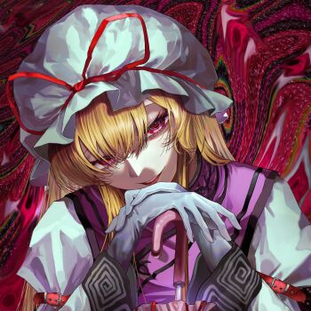 Rule 34 | 1girl, absurdres, album cover, blonde hair, closed umbrella, commentary request, cover, dedemaru, gap (touhou), gloves, grin, hat, hat ribbon, highres, holding, holding umbrella, long hair, long sleeves, looking at viewer, mob cap, purple eyes, purple tabard, red ribbon, ribbon, smile, tabard, touhou, umbrella, upper body, white gloves, white hat, wide sleeves, yakumo yukari