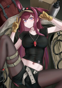 1girl absurdres animal_ear_fluff animal_ears arknights backpack bag belt belt_buckle black_boots black_pantyhose black_ribbon black_shirt black_shorts blurry blush boots bottle box breasts brown_hat brown_jacket buckle cardboard_box closed_mouth collarbone commentary crop_top cropped_shirt crossed_bangs expressionless extra_ears eyelashes fold-over_boots foot_out_of_frame from_above full-length_zipper gloves grey_belt grey_scarf hair_between_eyes hair_flowing_over hair_intakes hair_ribbon hair_spread_out hands_up hat headlamp highres jacket knees knees_up large_breasts long_hair looking_at_viewer lying midriff mildt multicolored_hair multiple_thigh_straps navel on_back open_clothes open_jacket pantyhose purple_eyes purple_hair rabbit_ears rabbit_girl ray_(arknights) red_bag red_hair ribbon scarf shadow shirt short_shorts short_sleeves shorts sidelocks solo spread_legs stomach straight_hair streaked_hair thigh_strap thighs toned two-sided_fabric two-sided_jacket two-tone_hair unworn_jacket unworn_scarf v very_long_hair visor_cap whistle whistle_around_neck yellow_gloves zipper