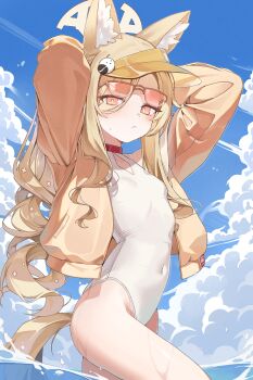 1girl above-cleavage_cutout absurdres animal_ear_fluff animal_ears blonde_hair blue_archive breasts closed_mouth clothing_cutout cloud covered_navel diamond_cutout eyewear_on_head fox_ears fox_girl halo highres jacket long_hair long_sleeves looking_at_viewer official_alternate_costume one-piece_swimsuit open_clothes open_jacket outdoors pekoku_(tamago_sushi) red-tinted_eyewear red_eyes seia_(blue_archive) seia_(swimsuit)_(blue_archive) sky small_breasts solo sunglasses swimsuit tinted_eyewear visor_cap wading white_one-piece_swimsuit yellow_halo yellow_jacket yellow_visor