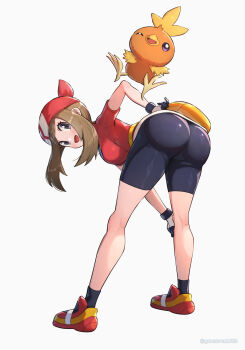 1girl absurdres ass bandana beak bent_over bike_shorts bike_shorts_under_shorts bird blue_eyes blush breasts brown_hair commentary_request fanny_pack full_body gen_3_pokemon gloves gonzarez highres huge_ass large_breasts looking_at_viewer may_(pokemon) medium_hair nintendo one_eye_closed open_mouth pokemon pokemon_(creature) pokemon_rse red_bandana red_shirt shirt short_sleeves shorts shorts_under_shorts simple_background smile torchic white_gloves