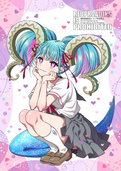 1girl aqua_hair blue_tail blunt_bangs blush bow brown_shoes chaldea_logo colored_inner_hair curled_horns elbows_on_thighs fang fate/grand_order fate_(series) from_side full_body green_horns grey_sailor_collar grey_skirt hair_ribbon head_on_hands heart heart_background highres horns large_horns larva_tiamat_(swimsuit_archer)_(second_ascension)_(fate) legs_folded loafers long_horns looking_at_viewer multicolored_hair pink_eyes pink_hair pleated_skirt pointy_ears red_bow red_ribbon ribbon sailor_collar sailor_shirt sakura_tsubame school_uniform serafuku shirt shoes skin_fang skirt socks solo squatting summer_uniform symbol-shaped_pupils thick_eyebrows tiamat_(fate) twintails white_shirt white_socks x-shaped_pupils
