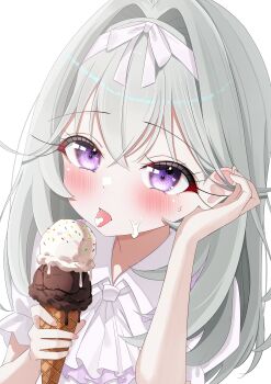 1girl absurdres commentary_request fella_(vpffk0731) food grey_hair hair_between_eyes hair_intakes hair_ribbon heart heart_in_eye highres holding holding_ice_cream_cone ice_cream ice_cream_cone looking_at_viewer meitantei_precure! moria_luluka nail_polish open_mouth pink_nails precure purple_eyes ribbon simple_background symbol_in_eye tongue tongue_out white_background white_ribbon
