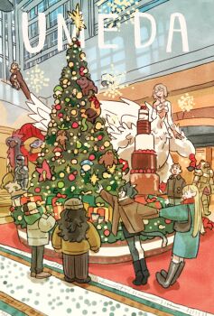 3boys 3girls animal_ears bag beanie black_background black_boots black_hair black_pantyhose blonde_hair blue_coat boots breasts brown_coat brown_hair cat_ears cat_girl cat_tail chilchuck_tims christmas christmas_ornaments christmas_present christmas_tree closed_eyes closed_mouth coat dungeon_meshi dwarf elf falin_touden falin_touden_(chimera) feathers full_body gift green_scarf grey_boots grey_coat grey_hat halfling hat highres holding_another's_arm izutsumi kemonomimi_mode laios_touden long_hair marcille_donato medium_breasts monster_girl multiple_boys multiple_girls open_mouth outstretched_hand pantyhose pointy_ears scarf senshi_(dungeon_meshi) short_hair shoulder_bag smile tail takeuchi_ryousuke white_feathers