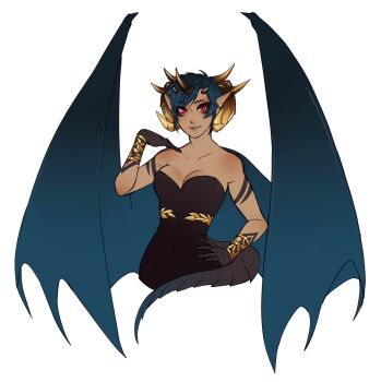 1girl arm_tattoo asymmetrical_hair bare_arms bare_shoulders black_dress blue_hair blue_wings bracelet breasts claws collarbone cropped_legs dark-skinned_female dark_skin dragon_claws dragon_girl dragon_horns dragon_tail dragon_wings dress facial_mark female_focus formal_clothes grin hand_on_own_hip hand_on_own_shoulder hand_up highres horns jewelry lips looking_at_viewer manos medium_breasts monster_girl multiple_horns neck original parted_lips pointy_ears red_eyes scales short_hair simple_background slit_pupils smile solo strapless strapless_dress swept_bangs tail tattoo white_background wings bracelet