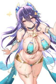 1girl absurdres aqua_bikini armpit_crease azur_lane bare_shoulders bikini blush breasts chi_an_(azur_lane) chi_an_(exotic_dreamland)_(azur_lane) cowboy_shot earrings hair_between_eyes hair_ornament hair_spread_out highres huge_breasts jewelry looking_at_viewer navel official_alternate_costume oxygen_mask_(oxygenmask233) parted_lips pink_eyes plump purple_hair simple_background smile solo stomach swimsuit thick_thighs thighs white_background