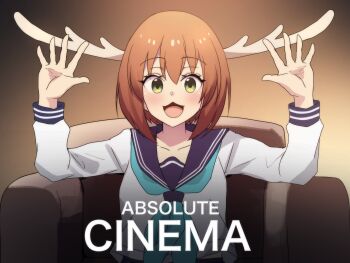 1girl :3 :d absolute_cinema_(meme) armchair chair collarbone commentary english_commentary english_text green_eyes hands_up highres hinghoi hino_minami_high_school_uniform image_macro_(meme) long_sleeves looking_at_viewer meme on_chair open_hand open_mouth school_uniform serafuku shikanoko_noko shikanoko_nokonoko_koshitantan short_hair sitting smile solo upper_body