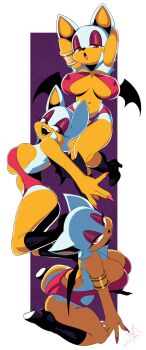 1girl ass bat_wings boots breasts cleavage cosplay curvy furry furry_female high_collar high_heel_boots high_heels highleg highres large_breasts midriff multiple_views nail_polish navel nipples red_eyes rouge_the_bat sega smile sonic_(series) sonic_(series) starfinga vampirella white_hair wide_hips wings