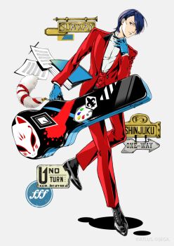 Rule 34 | 1boy, black bow, black bowtie, black shoes, black socks, blue gloves, blue hair, bow, bowtie, charm (object), coat, collared shirt, copyright notice, fake tail, fleur-de-lis, flying paper, forte (symbol), fox mask, fox tail, full body, gloves, grey eyes, hanging sign, high-waist pants, holding case, instrument case, kitagawa yuusuke, leg up, loafers, long hair, long sleeves, looking at viewer, male focus, mask, musical note, notebook, official art, one way sign, open clothes, open coat, pants, paper, parted lips, persona, persona 5, red coat, red pants, red vest, road sign, saitou rokuro, second-party source, sheet music, shirt, shoes, short hair, sign, simple background, smile, socks, solo, spiral notebook, standing, standing on one leg, tail, traditional bowtie, vest, white background, white shirt, wing collar