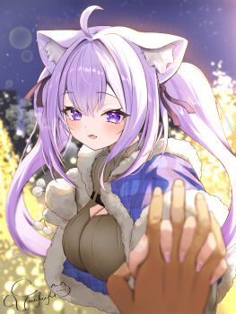 1girl 1other ahoge animal_ears black_ribbon blurry breasts cat_ears cat_girl chest_harness cleavage cleavage_cutout clothing_cutout commentary_request depth_of_field double-parted_bangs fur-trimmed_jacket fur_trim grey_sweater hair_between_eyes hair_ribbon harness highres holding_hands hololive interlocked_fingers jacket large_breasts lens_flare long_hair looking_at_viewer nekomata_okayu nekomata_okayu_(8th_costume) night official_alternate_costume official_alternate_hairstyle open_mouth pov pov_hands purple_eyes purple_hair purple_jacket ribbed_sweater ribbon solo_focus sweater torakichi_888 turtleneck turtleneck_sweater twintails virtual_youtuber