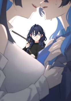 3girls absurdres anger_vein black_dress blue_eyes blue_hair blue_necktie blue_shirt blush braid closed_mouth clothes_grab commentary dress hair_intakes highres hololive hololive_english hunk_404 imminent_kiss jealous long_hair multiple_girls multiple_persona necktie necktie_grab neckwear_grab ouro_kronii ouro_kronii_(4th_costume) ouro_kronii_(casual) ouro_kronii_(maid) parted_lips selfcest shirt simple_background sweat symbol-only_commentary twin_braids virtual_youtuber white_background white_shirt yuri