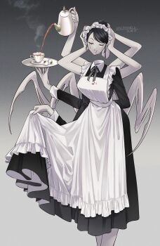 Rule 34 | 1girl, absurdres, alternate costume, apron, arthropod limbs, black dress, black hair, blood, blood from mouth, blood on clothes, blood on face, bloody tears, chainsaw man, closed eyes, closed mouth, collared dress, colored skin, commentary request, dated, disembodied head, dress, enmaided, extra arms, falling devil (chainsaw man), gradient background, grey background, grey ribbon, grey skin, hair bun, highres, holding, holding detached head, maid, maid apron, maid headdress, neck ribbon, revision, ribbon, ryusei (ryusei b), short hair, single hair bun, smile, solo, swept bangs, twitter username, white apron