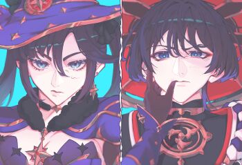 Rule 34 | 1boy, 1girl, absurdres, artist name, asymmetrical bangs, black bodysuit, black choker, black gloves, black hair, black kimono, blue background, blue eyes, blue pupils, blunt bangs, blunt ends, bodysuit, breasts, brooch, capelet, choker, cleavage, closed mouth, colored tips, covered collarbone, crescent, crescent hat ornament, earrings, eyeliner, fur capelet, genshin impact, gloves, gold, gold earrings, hair between eyes, hand on another's face, hat, hat ornament, highres, japanese clothes, jewelry, jingasa, juban, kimono, long hair, looking at viewer, makeup, mandarin collar, medium breasts, mitsudomoe (shape), mona (genshin impact), multicolored hair, multiple views, neck ring, nyanea, open clothes, open kimono, parted bangs, portrait, pov, purple capelet, purple eyes, purple hair, purple hat, purple rope, purple sleeves, red eyeliner, red hat, red kimono, rope, scaramouche (genshin impact), shimenawa, sidelocks, split screen, star (symbol), star brooch, star choker, star earrings, star hat ornament, star print, thumb to mouth, tomoe (symbol), tsurime, twintails, white kimono, white rope, wispy bangs, witch hat