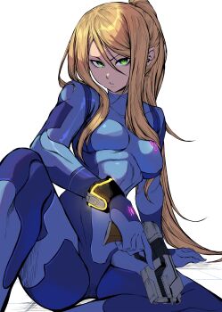 1girl absurdres blonde_hair blue_bodysuit bodysuit breasts commentary english_commentary green_eyes gun high_ponytail highres holding holding_gun holding_weapon jesse_schickler long_hair looking_at_viewer metroid nintendo parted_lips ponytail samus_aran sitting very_long_hair weapon zero_suit