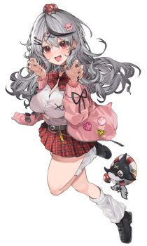 1girl appleseed_(appleseed_art) black_choker black_footwear black_hair black_nails bow bowtie breasts button_gap cardigan chain choker commentary_request ear_piercing earclip full_body grey_hair gyaru hair_ornament hairclip hands_up highres hololive jacket large_breasts leg_up long_hair long_sleeves looking_at_viewer loose_socks miniskirt multicolored_hair mushroom_on_head octopus_hair_ornament official_alternate_costume open_clothes open_jacket open_mouth orca piercing pink_cardigan plaid_bow plaid_bowtie plaid_clothes plaid_skirt red_bow red_bowtie red_eyes red_skirt sakamata_chloe sakamata_chloe_(gyarumata) shirt skirt smile socks solo streaked_hair virtual_youtuber white_shirt white_socks x_hair_ornament