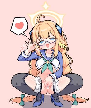 1girl ahoge blonde_hair blue_archive blue_eyes braid breasts censored fellatio_gesture glasses halo handjob_gesture heart highres large_breasts loli official_alternate_costume oppai_loli scarfy_(scarfy_chang) shimiko_(blue_archive) shimiko_(magical)_(blue_archive) solo spoken_heart spread_pussy squatting variant_set