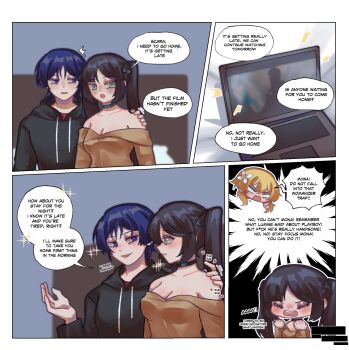 1boy 2girls ^^^ alternate_costume alternate_universe armpit_crease bishie_sparkle black_bow black_choker black_hair black_hood black_sleeves blank_eyes blonde_hair blunt_bangs blunt_ends blush bow breasts brown_dress brown_sleeves choker cleavage clenched_hands closed_eyes closed_mouth computer contemporary couch couple drawstring dress eyelashes eyeshadow fingernails flirting flower genshin_impact grey_eyes hair_between_eyes hair_bow hair_flower hair_ornament hand_on_another's_shoulder hands_up hetero highres hood hood_down indoors koviiy laptop long_hair long_sleeves looking_at_another looking_to_the_side lumine_(genshin_impact) makeup mona_(genshin_impact) multiple_girls official_alternate_costume open_hand open_mouth parted_bangs purple_eyes purple_hair scaramouche_(genshin_impact) short_hair short_hair_with_long_locks sidelocks sitting smile twintails white_flower