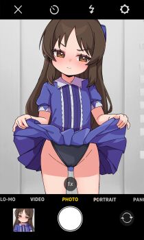 1girl absurdres blue_dress blush brown_eyes brown_hair cameltoe clothes_lift covered_navel dress dress_lift female_focus highres idolmaster idolmaster_cinderella_girls idolmaster_cinderella_girls_u149 lifting_own_clothes loli long_hair one-piece_swimsuit school_swimsuit solo standing swimsuit tachibana_arisu taking_picture thighs user_interface vieru2n
