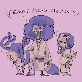 Rule 34 | 1girl, 2boys, afro, antlers, brook (one piece), eyewear on head, hat, holding, holding stuffed toy, horns, japanese clothes, kimono, monochrome, multiple boys, nico robin, one piece, reindeer antlers, sash, skeleton, squeans, stuffed animal, stuffed toy, tomatop, tony tony chopper, wide sleeves