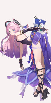 1girl absurdres ass berserker_r black_nails blush braid breasts citlali_(genshin_impact) clothes_lift fingerless_gloves genshin_impact gloves highres long_hair looking_at_viewer looking_back pink_hair sideboob simple_background skirt skirt_lift solo toes twin_braids twintails white_background