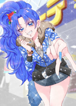 1girl aged_up blue_eyes blue_hair blue_nails commentary_request earrings eyelashes flower fur-trimmed_jacket fur_trim gyaru hair_ornament happy hoop_earrings jacket jewelry kirakira_precure_a_la_mode long_hair looking_at_viewer piercing pota0606119 precure signature skirt smile solo tategami_aoi v