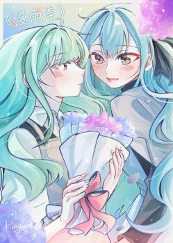 2girls absurdres bang_dream! bang_dream!_it&#039;s_mygo!!!!! blue_hair blush bouquet brown_eyes brown_overalls chinese_commentary chinese_text closed_mouth commentary_request flower green_hair grey_jacket highres holding holding_bouquet hydrangea jacket long_hair multiple_girls overalls parted_lips shirt sidelocks signature togawa_sakiko translation_request wakaba_mutsumi white_shirt yoyoray20001996