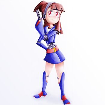 1girl android arm_behind_back artist_request brown_hair humanoid_robot joints kagari_atsuko little_witch_academia long_sleeves mechabare mechanization red_eyes robot robot_ears robot_joints simple_background smile solo standing trigger_(company) weapon