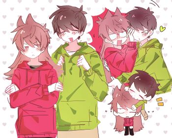 >_< 1boy 1girl :3 :d =_= angry animification annoyed antenna_hair blank_eyes blush brown_hair chibi crossed_arms drawstring edd_(eddsworld) eddsworld fang frown green_hoodie hair_behind_ear hair_ears heart heart_background height_difference hetero highres hood hood_down hoodie hug jitome long_hair long_sleeves looking_at_another multiple_views one_eye_closed open_mouth pants polka_dot polka_dot_background red_hoodie short_hair simple_background sketch smile swept_bangs tori_(eddsworld) white_background yunian77