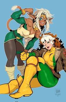 Rule 34 | 2girls, a.b.singh, aisha clanclan, animal ears, bell, blue eyes, bodysuit, boots, braid, brown pantyhose, cat ears, colored bangs, dark-skinned female, dark skin, earrings, green bodysuit, green eyes, headband, highres, jacket, jewelry, leather, leather jacket, leotard, marvel, multicolored bodysuit, multiple girls, muscular, muscular female, neck bell, outlaw star, pantyhose, rogue (x-men), single braid, tail, voice actor connection, white hair, x-men, yellow bodysuit, yellow boots