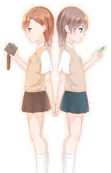 Rule 34 | 2girls, back-to-back, badge, bare arms, breasts, brown eyes, brown hair, brown sweater, brown sweater vest, brown vest, commentary, emblem, feet out of frame, from side, gekota, goggles, grey skirt, halftone, halftone outline, holding, holding badge, holding goggles, holding hands, holding removed eyewear, kneehighs, medium hair, miniskirt, misaka imouto, misaka mikoto, multiple girls, outline, parted lips, pleated skirt, school emblem, school uniform, short sleeves, siblings, sisters, skirt, sleeveless, sleeveless sweater, small breasts, socks, standing, summer uniform, sweater, sweater vest, toaru kagaku no railgun, toaru majutsu no index, tokiwadai school uniform, unworn eyewear, unworn goggles, vest, white background, white sleeves, white socks, yasuto (eria151)