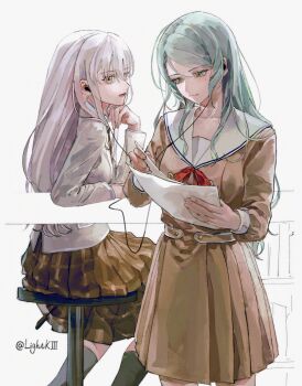 Rule 34 | 2girls, aqua hair, bang dream!, black socks, blush, brown dress, brown skirt, closed mouth, commentary, dress, earphones, green eyes, grey jacket, hanasakigawa school uniform, haneoka school uniform, highres, hikawa sayo, holding, holding paper, jacket, kinayone, long hair, minato yukina, multiple girls, open mouth, paper, plaid clothes, plaid skirt, pleated skirt, red ribbon, ribbon, sailor collar, sailor dress, school uniform, shared earphones, simple background, sitting, skirt, socks, standing, white background, white hair, white sailor collar, yellow eyes