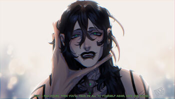 2boys absurdres black_hair blackberreh-art comic_sans commentary crow's_feet design_speculation distortion_(tma) ear_piercing english_commentary eye_tattoo face_piercing gerard_keay goth_fashion highres jewelry lips long_hair makeup male_focus michael_shelley multiple_boys multiple_piercings neck_tattoo nose_piercing nose_ring piercing pov pov_hands septum_piercing shirt snakebite_(piercing) solo_focus tattoo the_magnus_archives