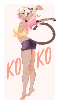 1girl absurdres animal_ears ass bandaged_tail blonde_hair breasts cyborg dark-skinned_female dark_skin feet highres indie_virtual_youtuber koko_d._nuts large_breasts legs mats_kuro mechanical_arms monkey_ears monkey_girl monkey_tail pink_hair scar scar_across_eye scar_on_face see-through_clothes see-through_shirt shirt shorts stretching tail tank_top thighs tiptoes virtual_youtuber white_background yawning