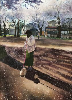 1girl animal black_hair building day dog highres holding holding_leash leash long_hair original painting_(medium) park shadow solo sunlight swing_set traditional_media tree tree_shade watercolor_(medium) yuki_furasi