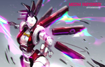 1girl absurdres artist_name black_hair blue_eyes boku_no_hero_academia breasts character_name commentary energy_sword english_commentary funnels_(gundam) highres holding holding_sword holding_weapon humanoid_robot jeffrey_chen looking_to_the_side mechanical_hair mechanization medium_breasts motion_blur open_hand robot science_fiction solo sword weapon yaoyorozu_momo