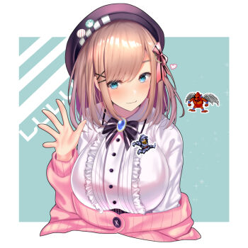 Rule 34 | 1boy, 1girl, 1other, :3, beret, black neckwear, blouse, blue background, blue eyes, blush, bow, bowtie, breasts, brooch, brown hair, capcom, character name, hair bow, hair ornament, hairclip, hat, hat pin, heart, jewelry, large breasts, long sleeves, looking at viewer, makaimura, medium hair, nijisanji, off shoulder, pink bow, pink sweater, pixelated, purple headwear, red arremer, ribbed sweater, shirt, simple background, sir arthur (makaimura), smile, straight hair, striped bow, striped bowtie, striped clothes, striped neckwear, suzuhara lulu, sweater, upper body, virtual youtuber, waving, white shirt, x hair ornament, yuyu (yuyuworks)