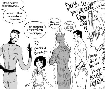 absurdres anger_vein angry armlet ass backpack bag bb_(baalbuddy) black_hair blonde_hair bodysuit burning butt_crack confused emma_frost fantastic_four highres jewelry johnny_storm male_swimwear marvel marvel_rivals multicolored_hair muscular muscular_male namor peni_parker pointy_ears randoseru reed_richards screaming spider-man_(series) extendable_limbs swim_trunks two-tone_hair x-men