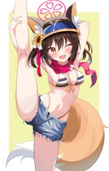 1girl absurdres animal_ear_fluff animal_ears armpits arms_up bikini blue_archive blush brown_hair commentary_request denim denim_shorts eyeshadow fang flexible flower fox_ears fox_girl fox_tail hair_flower hair_ornament halo highleg highleg_bikini highres holding_own_leg izuna_(blue_archive) izuna_(swimsuit)_(blue_archive) kawtorikomi kneepits leg_hold leg_lift leg_up makeup micro_shorts navel official_alternate_costume one_eye_closed open_mouth pink_halo pom_pom_(clothes) pom_pom_hair_ornament red_eyeshadow red_scarf scarf shorts smile solo split standing standing_on_one_leg standing_split striped_bikini striped_clothes sunflower sunflower_hair_ornament swimsuit tail visor_cap