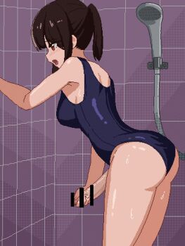 1futa aliasing animated animated_gif armpits ass bar_censor bare_arms bare_shoulders blue_one-piece_swimsuit blush bouncing_breasts breasts brown_eyes brown_hair censored cowboy_shot cum cum_on_wall ejaculation from_side futanari large_breasts large_penis leaning_forward legs_together lowres masturbation one-piece_swimsuit open_mouth original penis pixel_art pointless_censoring ponytail profile school_swimsuit shiwa_kou shower_(place) shower_head sideways_mouth solo standing swimsuit tall_female tareme thighs tile_floor tile_wall tiles tongue tongue_out ugoira